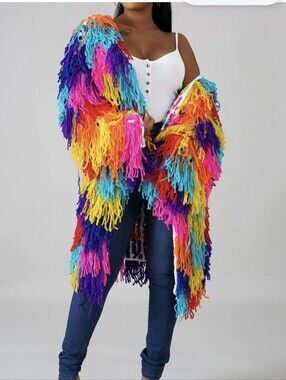 Fabulous Icon Colorblocked Fringe Open Cardigan Size M L Oversized